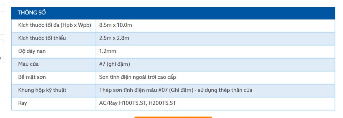 Thông số kỹ thuậtt cửa cuốn Chống cháy Austdoor Af100