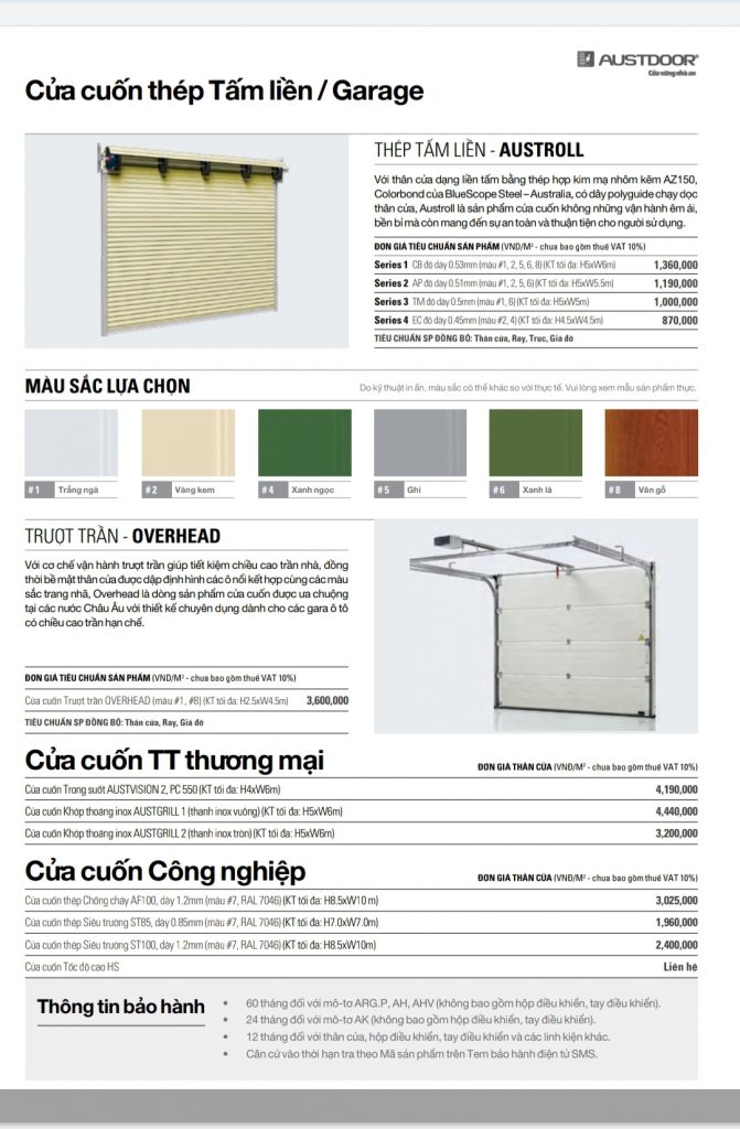 Bảng giá cửa cuốn tấm liền Austdoor