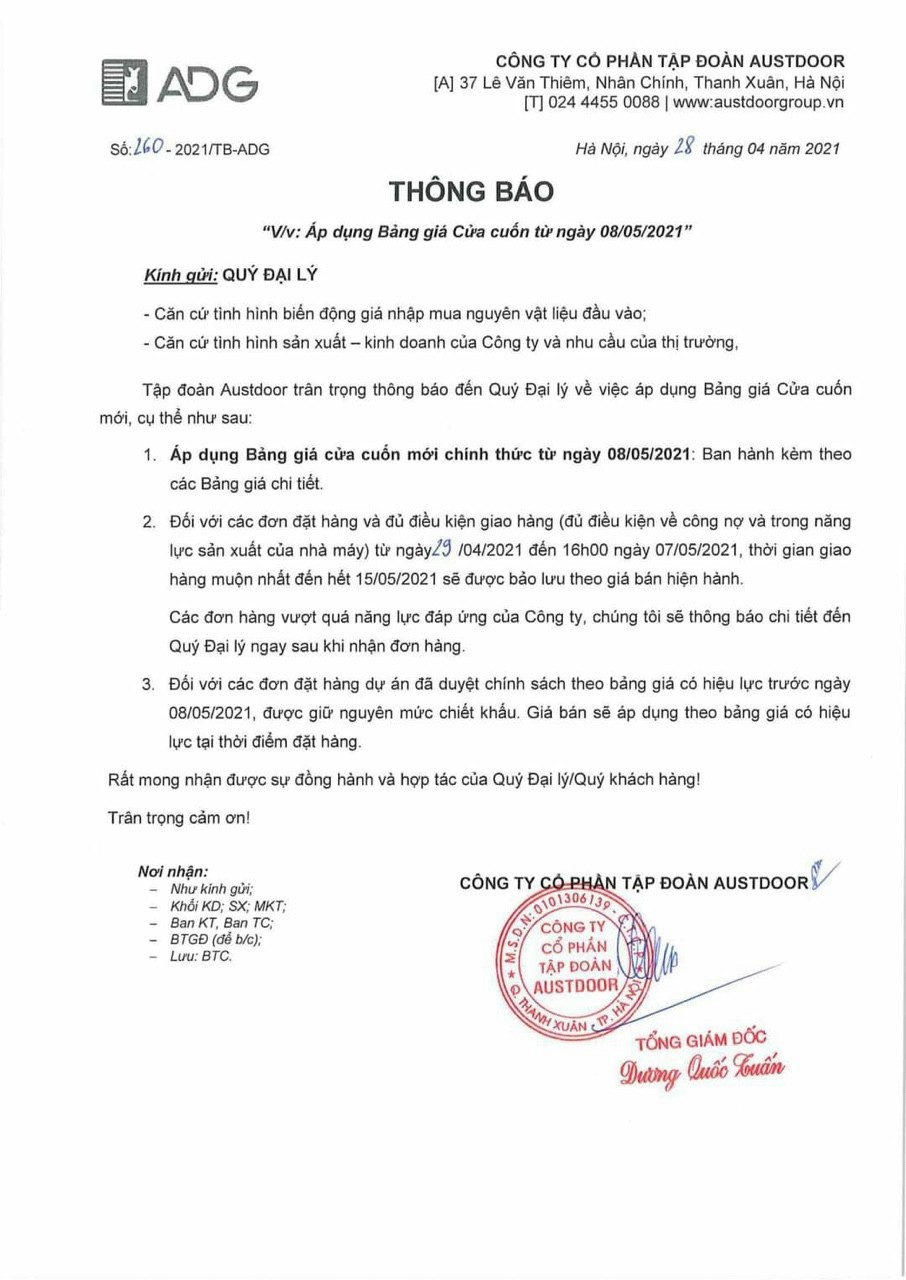 Thông báo thay đổi giá cửa cuốn Austdoor tháng 5 2021