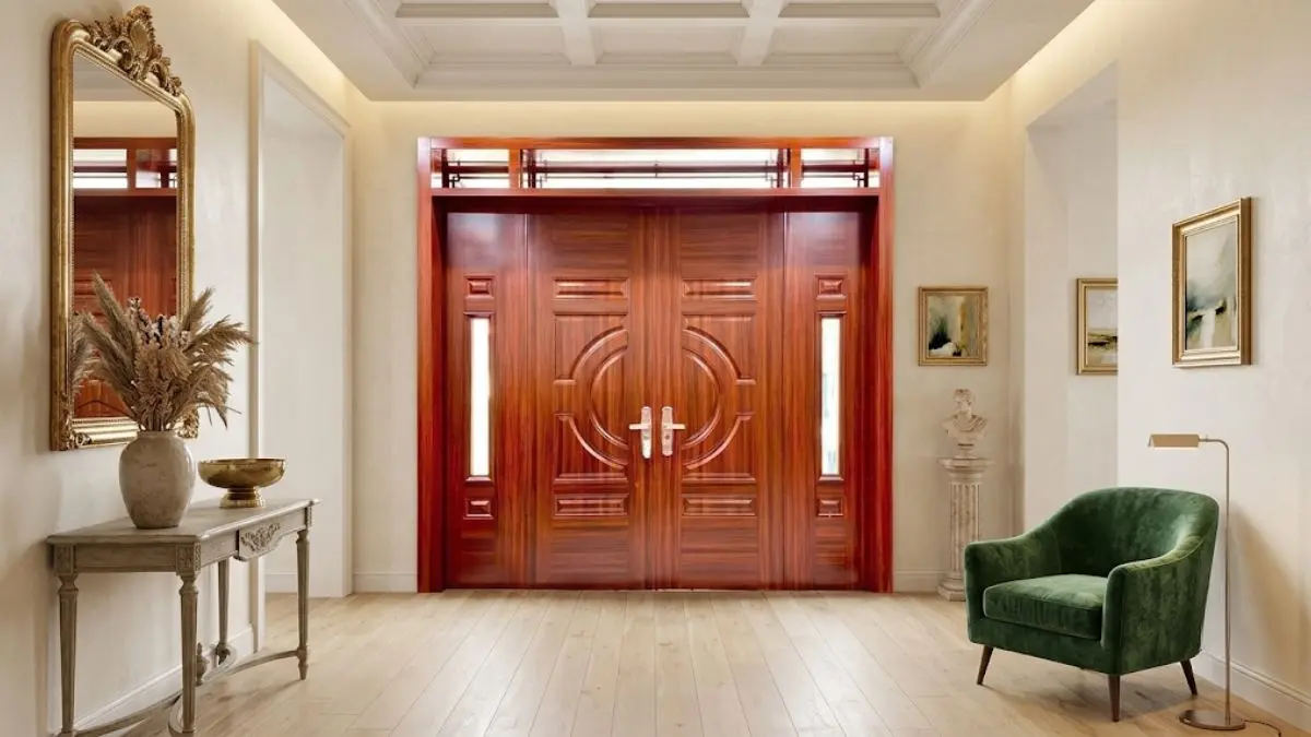 Cửa thép vân gỗ Austdoor Standard 2 lắp tại không gian trần cao