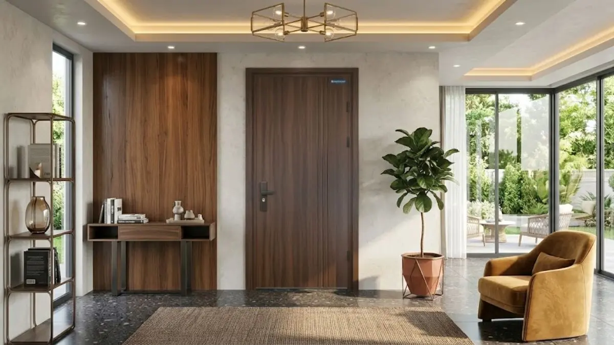 Cửa thép vân gỗ Austdoor Standard 2 toàn cảnh mặt cửa vân trắc Lào
