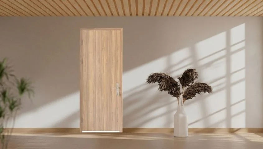 Cửa thép Austdoor Gia Lai - cửa thép vân gỗ trong phòng ngủ hiện đại