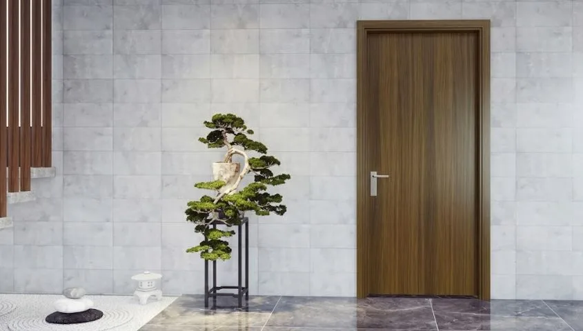 Cửa thép Austdoor Vĩnh Long - cửa thép vân gỗ trên nền tường bê tông