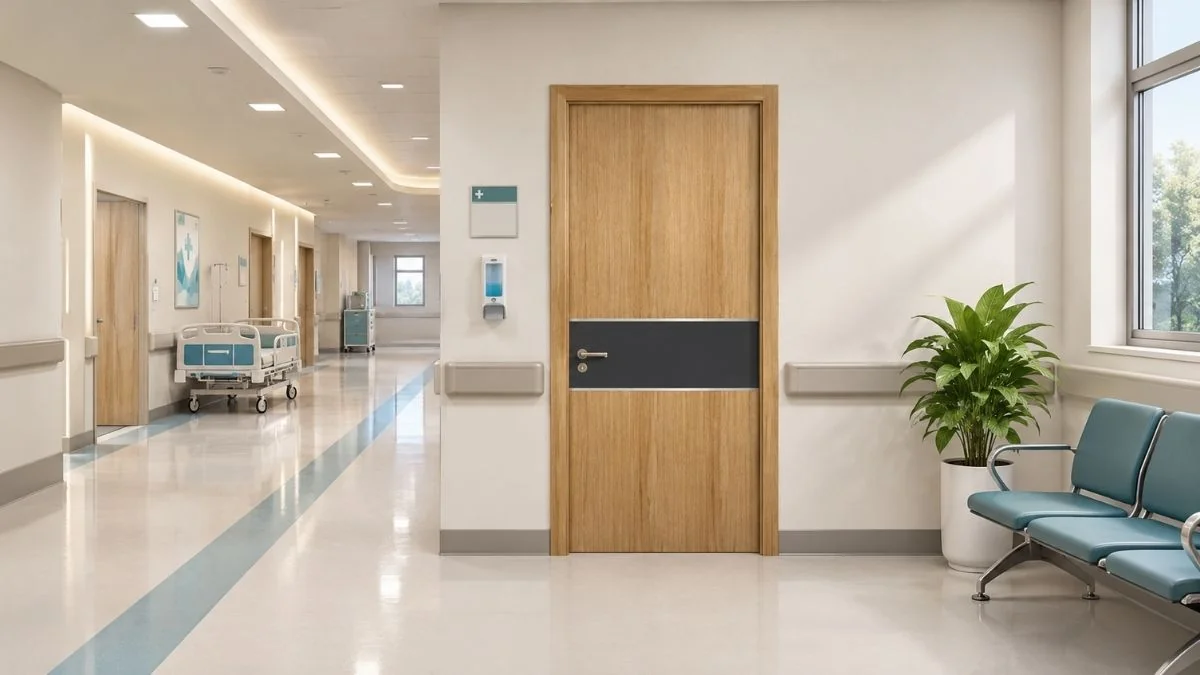 Cửa gỗ bệnh viện Austdoor tại hành lang phòng chức năng