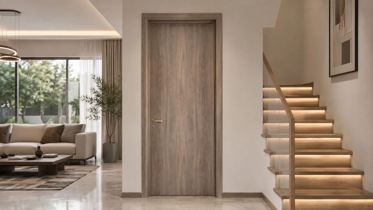 Cửa gỗ căn hộ Austdoor gần hành lang và khu bếp