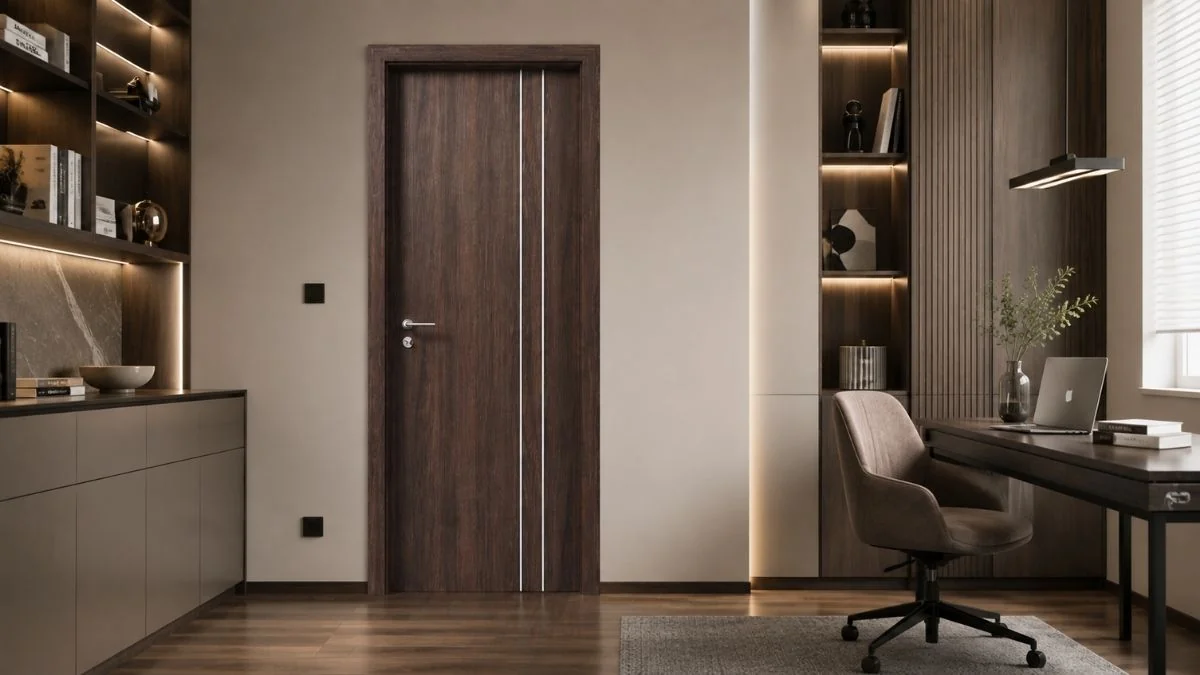 Cửa gỗ phòng ngủ Austdoor cạnh tủ và giường