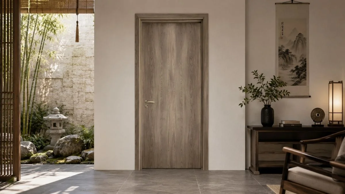 Cửa gỗ phòng ngủ Austdoor vân gỗ gần khu thay đồ