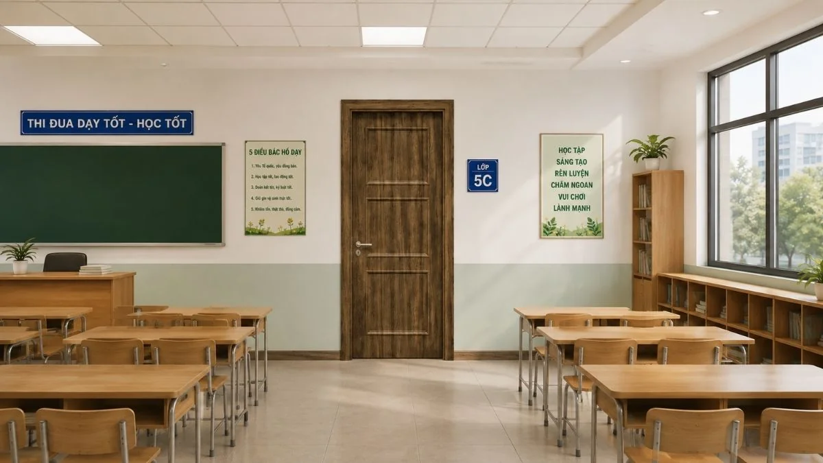 Cửa gỗ trường học Austdoor tại hanh lang lop hoc