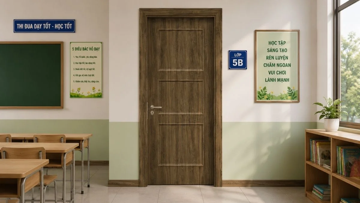 Cửa gỗ trường học Austdoor tại lop hoc ban ghe