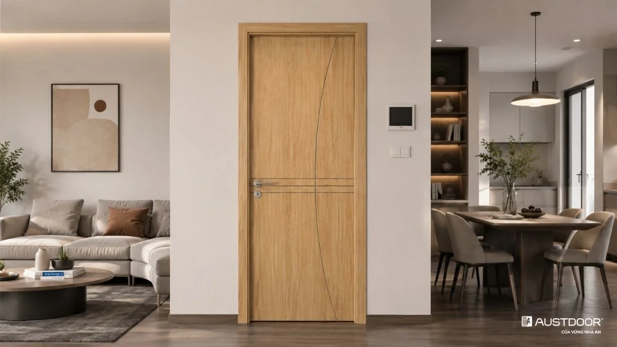 Cửa gỗ vân gỗ Austdoor phối cùng màu sàn