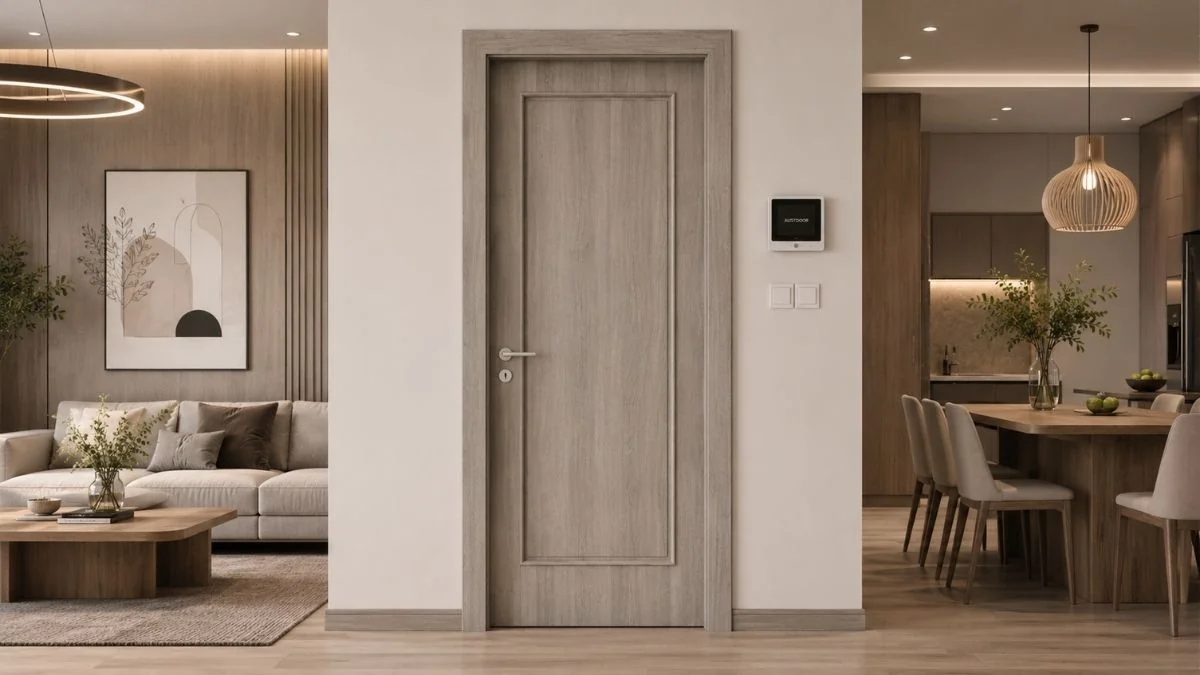 Mẫu cửa gỗ công nghiệp Austdoor phối cùng sàn và tường